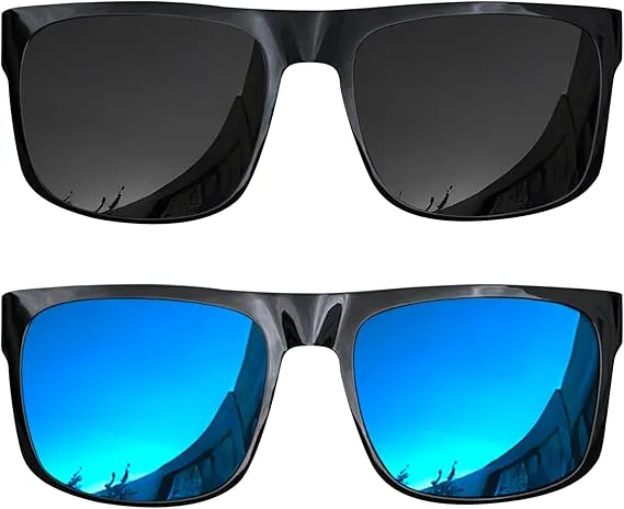 2 Pack XL Polarized Big Wide Frame Sports Driving Sunglasses (Black & Blue Polarized Lens)
