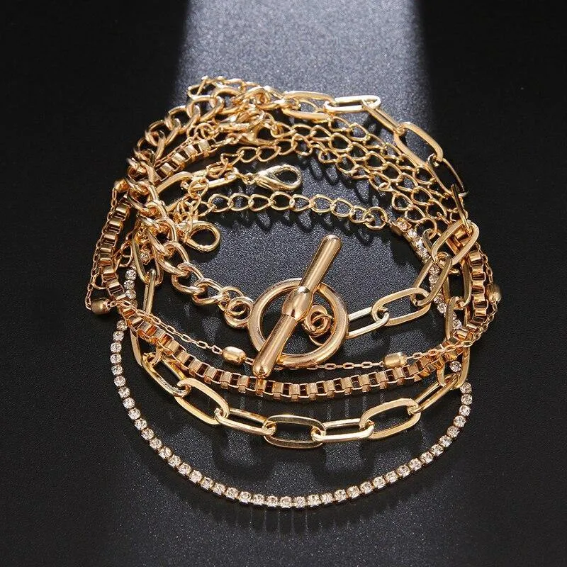 5 Pcs/Set Punk Gold Crystal Thick Chain Bracelet Female Bohemian