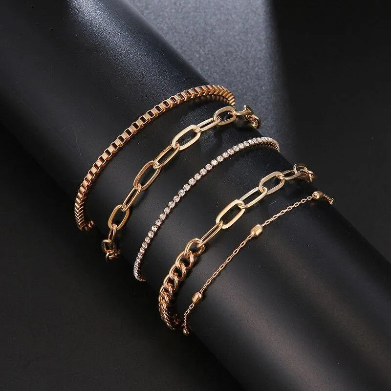5 Pcs/Set Punk Gold Crystal Thick Chain Bracelet Female Bohemian