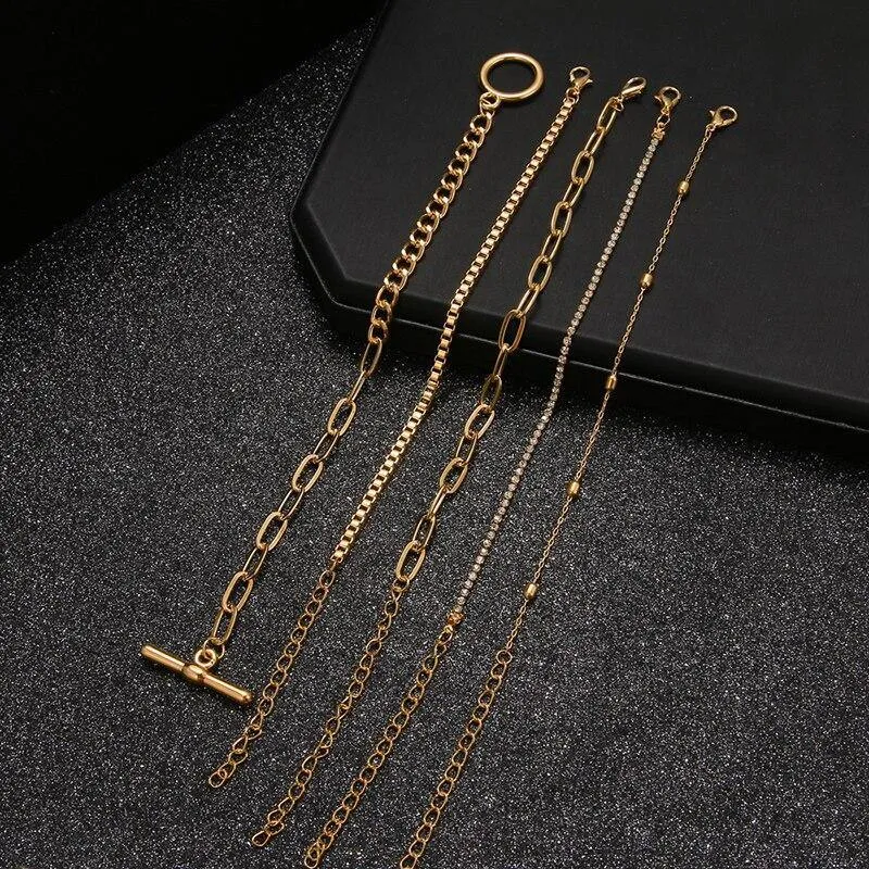 5 Pcs/Set Punk Gold Crystal Thick Chain Bracelet Female Bohemian