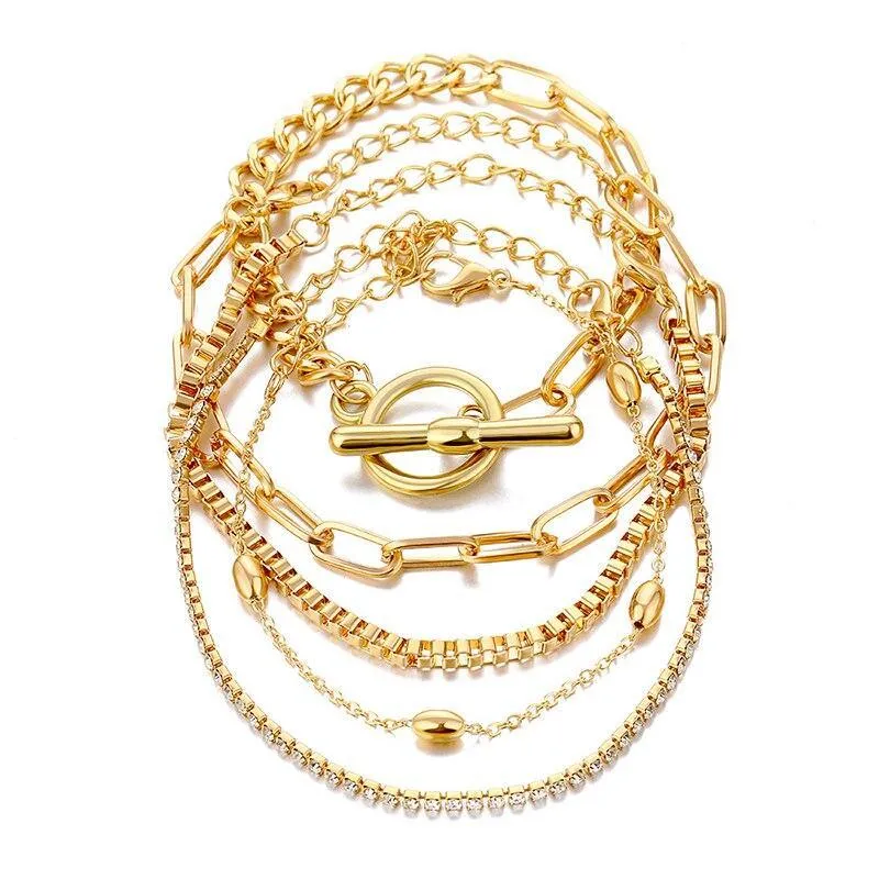 5 Pcs/Set Punk Gold Crystal Thick Chain Bracelet Female Bohemian