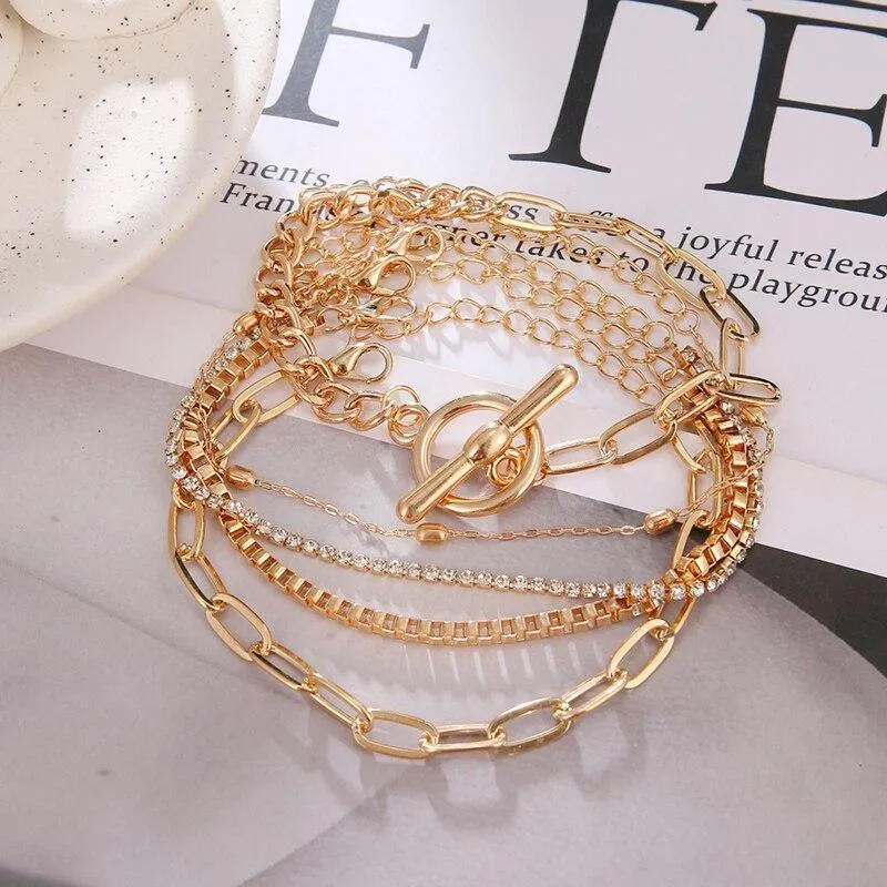 5 Pcs/Set Punk Gold Crystal Thick Chain Bracelet Female Bohemian