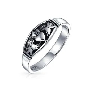 BFF Celtic Irish Claddagh Wedding Band Silver Ring for Men Oxidized Sterling