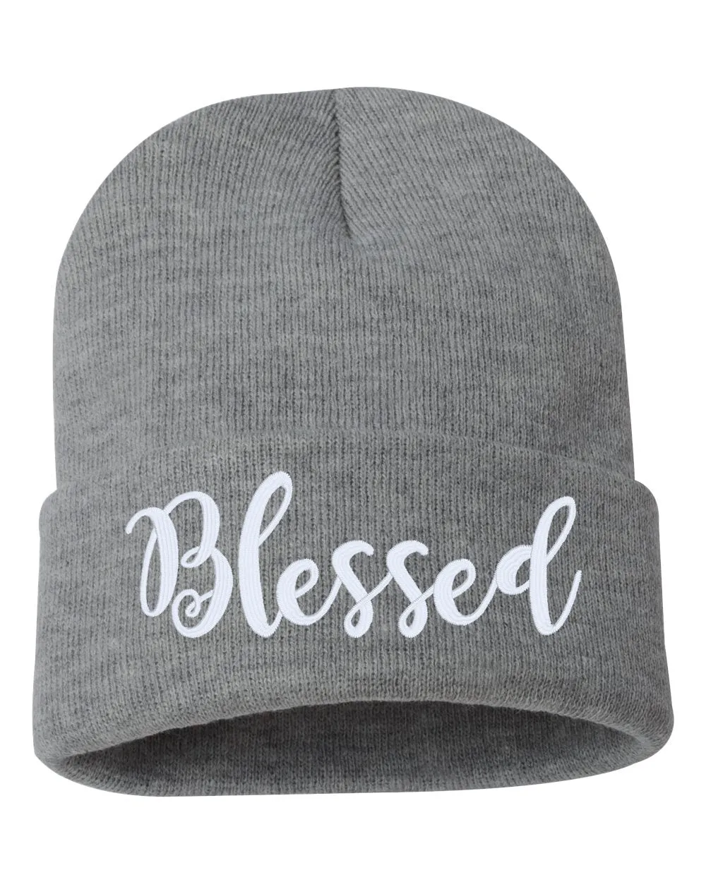 Blessed Script Embroidered Cuffed Beanie Hat