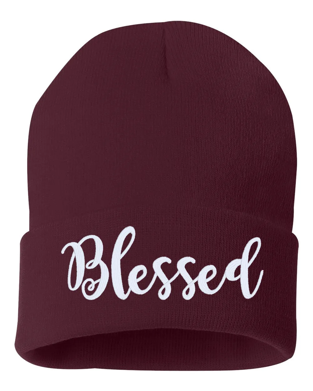 Blessed Script Embroidered Cuffed Beanie Hat