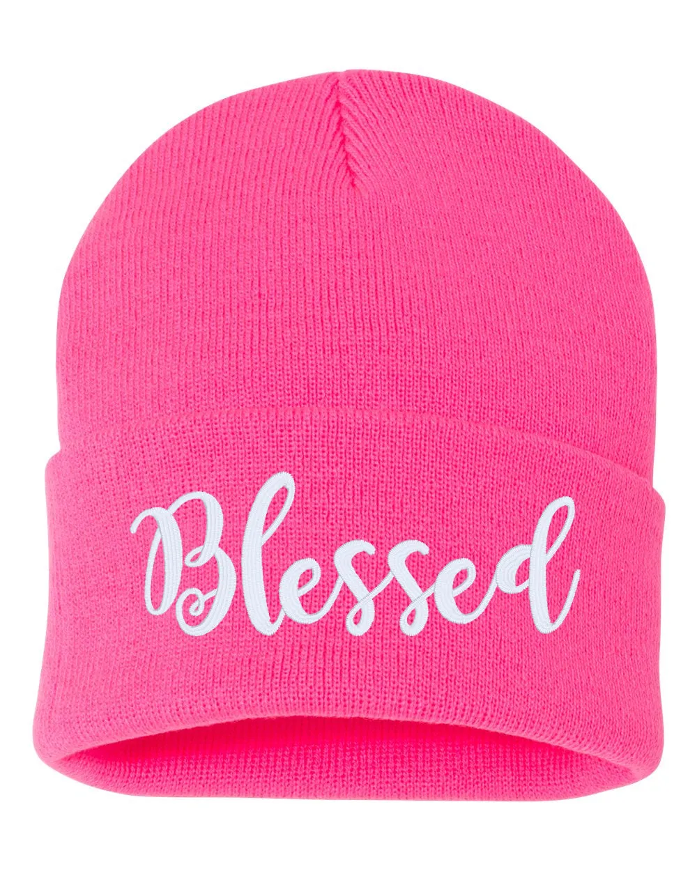 Blessed Script Embroidered Cuffed Beanie Hat