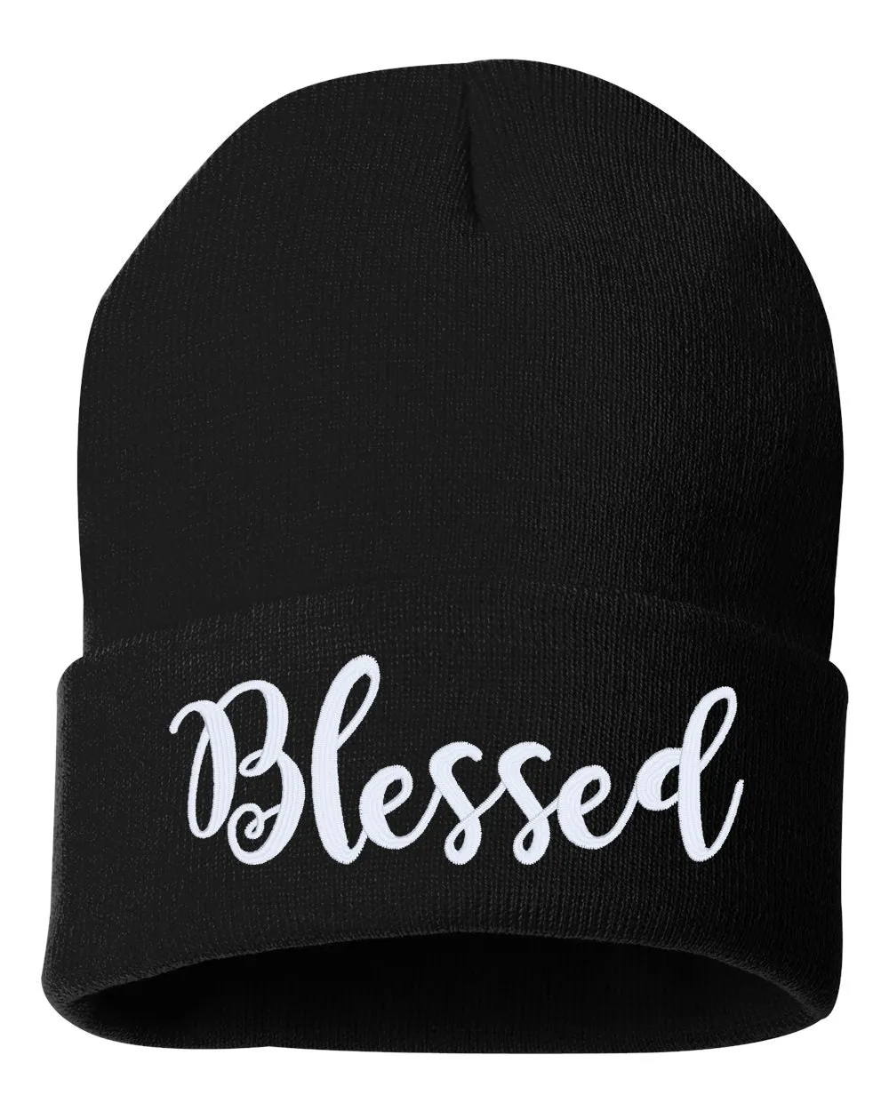 Blessed Script Embroidered Cuffed Beanie Hat