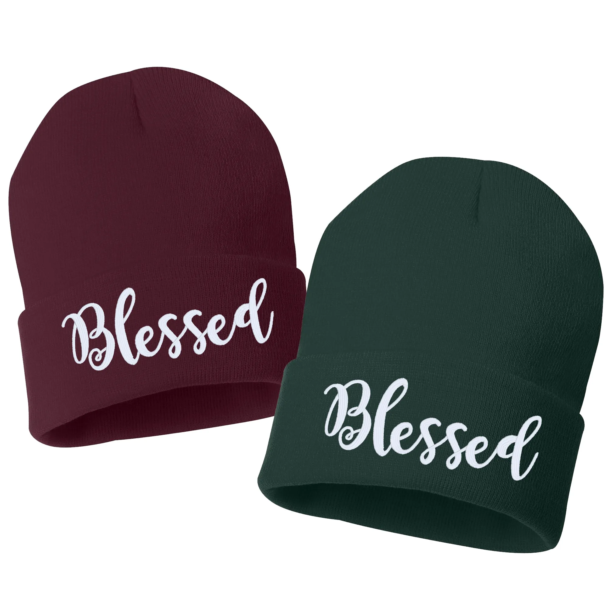 Blessed Script Embroidered Cuffed Beanie Hat