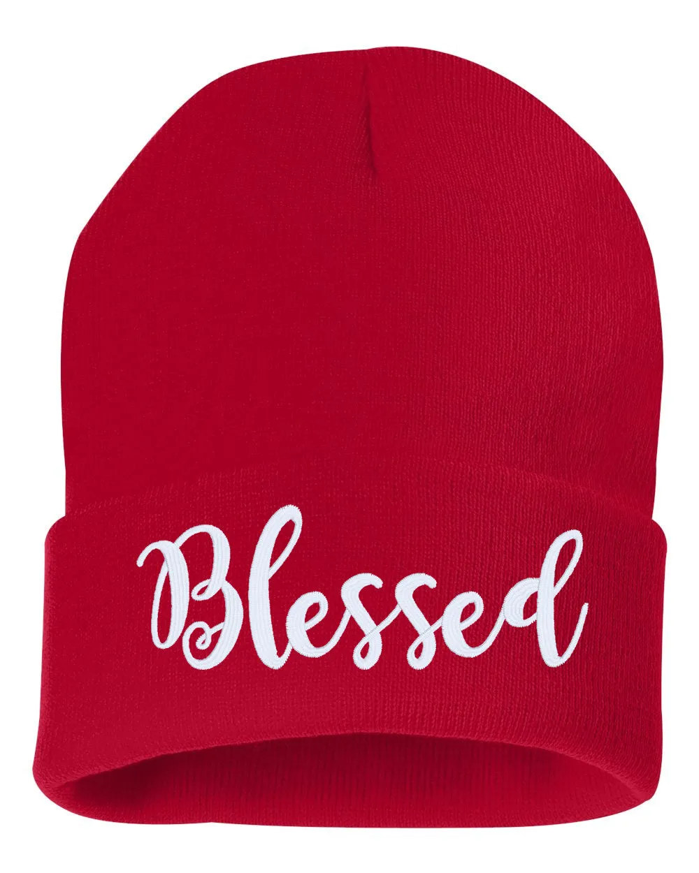 Blessed Script Embroidered Cuffed Beanie Hat