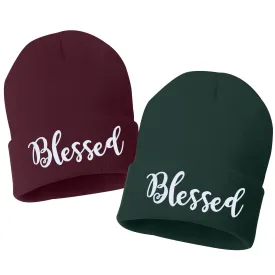 Blessed Script Embroidered Cuffed Beanie Hat