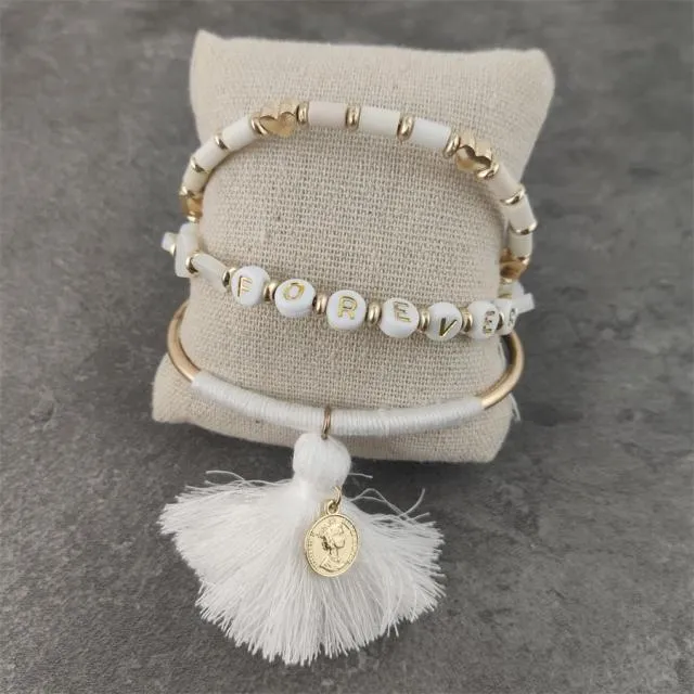 Boho White Charm & Gold Strand Bracelets