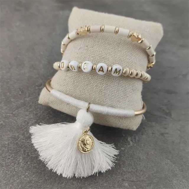 Boho White Charm & Gold Strand Bracelets