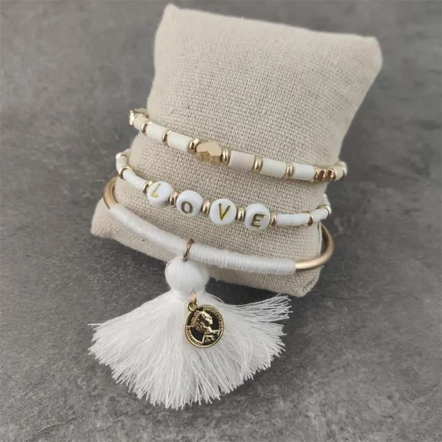 Boho White Charm & Gold Strand Bracelets