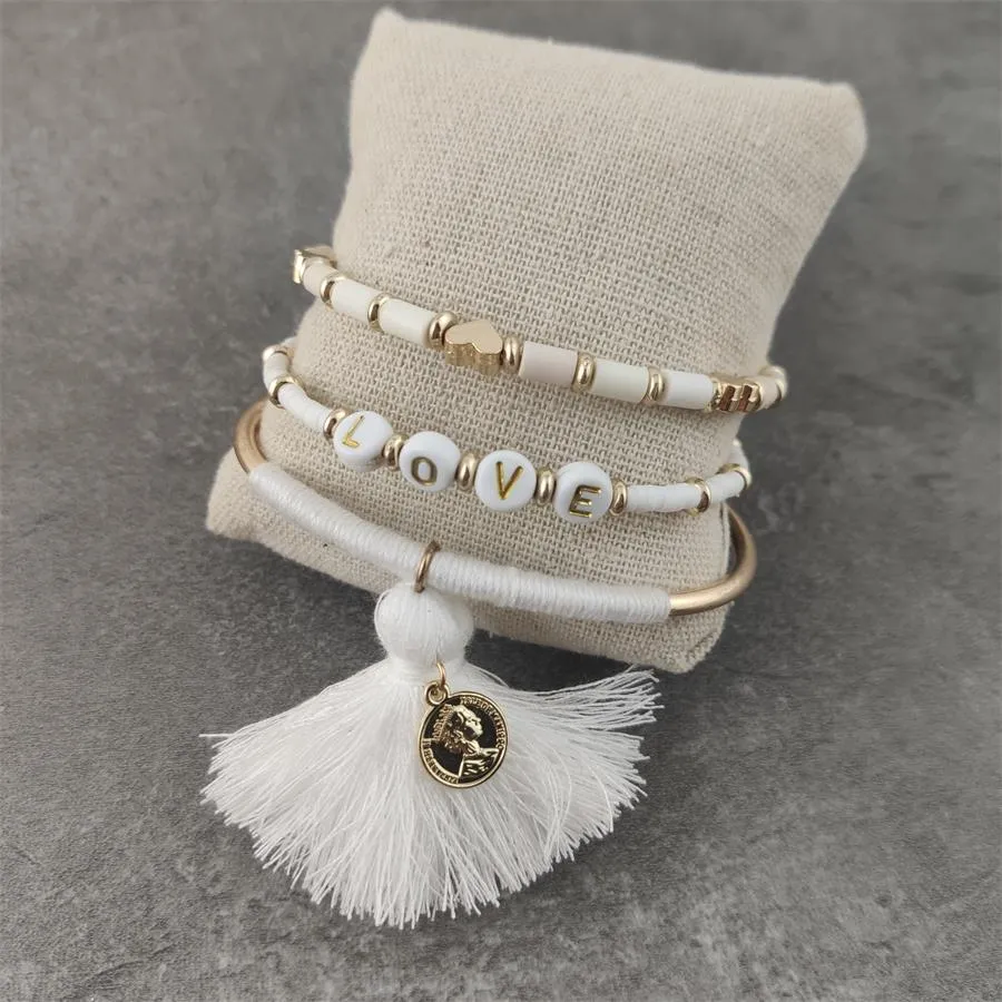 Boho White Charm & Gold Strand Bracelets