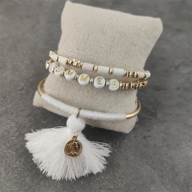 Boho White Charm & Gold Strand Bracelets