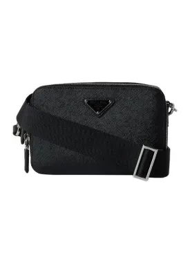 Brick Re-Nylon Saffiano Leather Triangular Logo Cross Bag Black