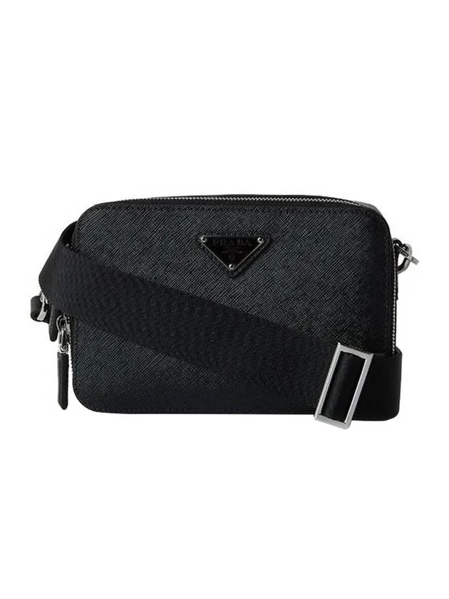 Brick Re-Nylon Saffiano Leather Triangular Logo Cross Bag Black