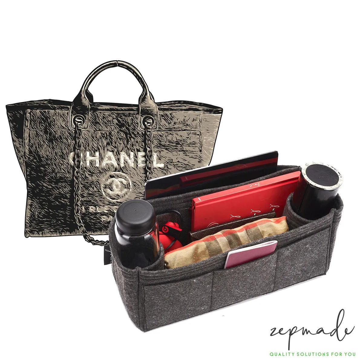 Chanel Deauville Canvas Tote Organizer Insert, Bag Organizer with Double Bottle Holders and Exterior Pockets