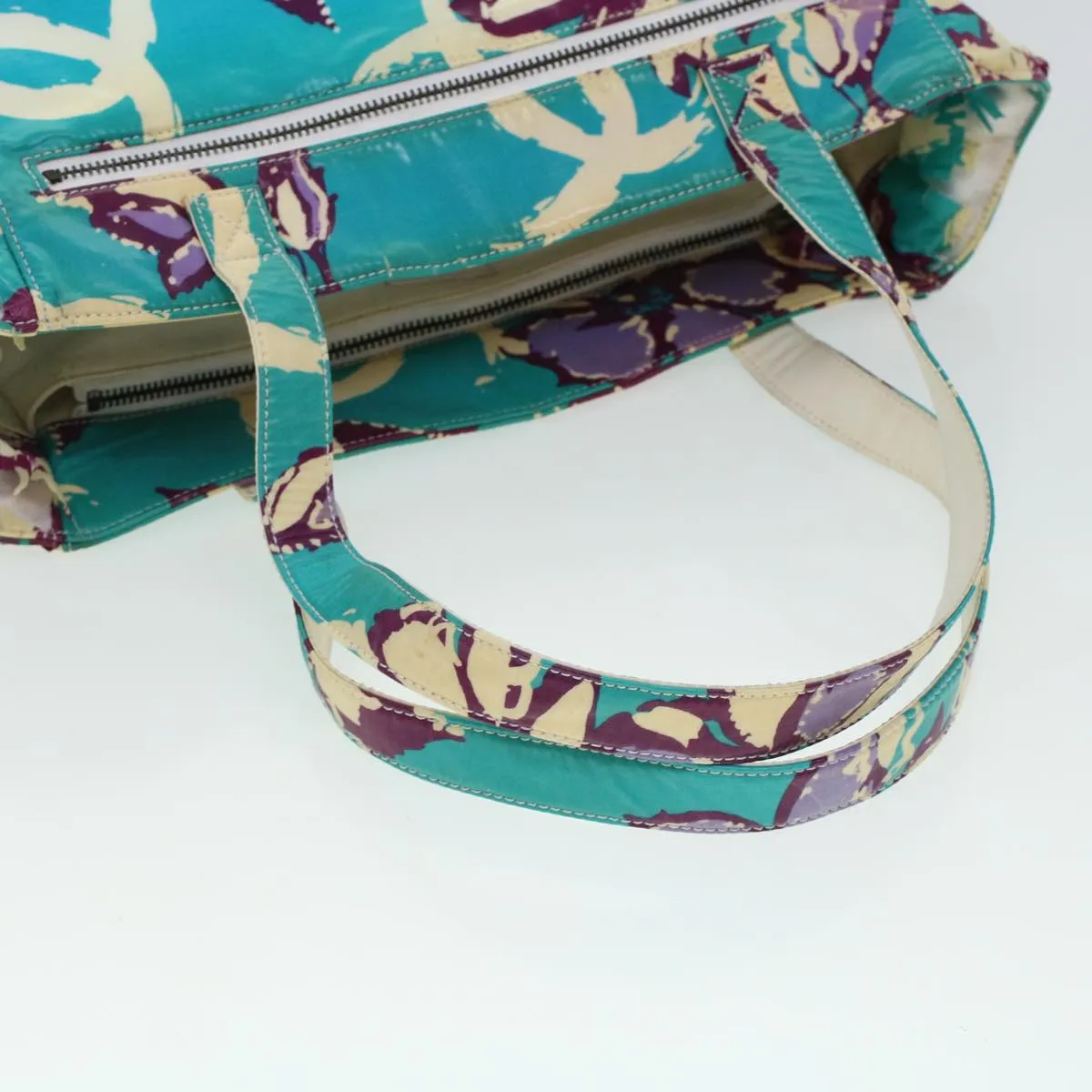 CHANEL Floral Tote Bag Coated Canvas Blue CC Auth bs5894