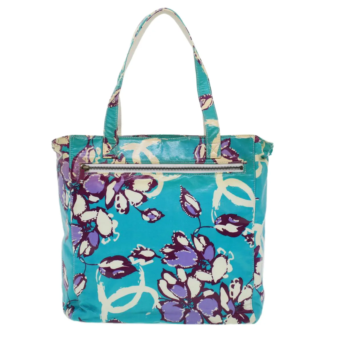 CHANEL Floral Tote Bag Coated Canvas Blue CC Auth bs5894