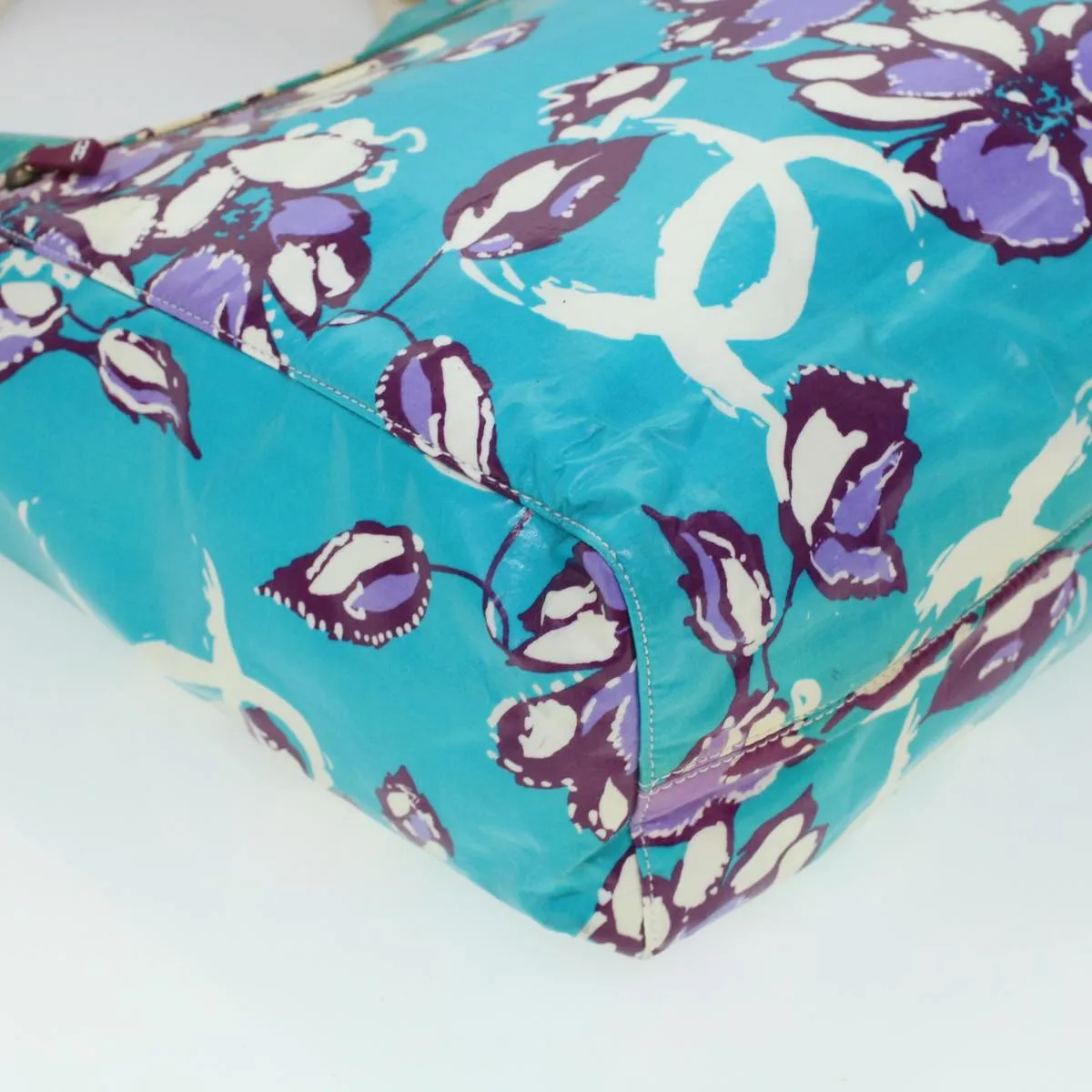 CHANEL Floral Tote Bag Coated Canvas Blue CC Auth bs5894