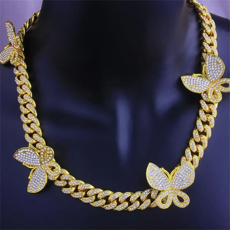 Clavicle Chain Butterfly Cuban link Chain Rhinestone Necklace（OA0021)