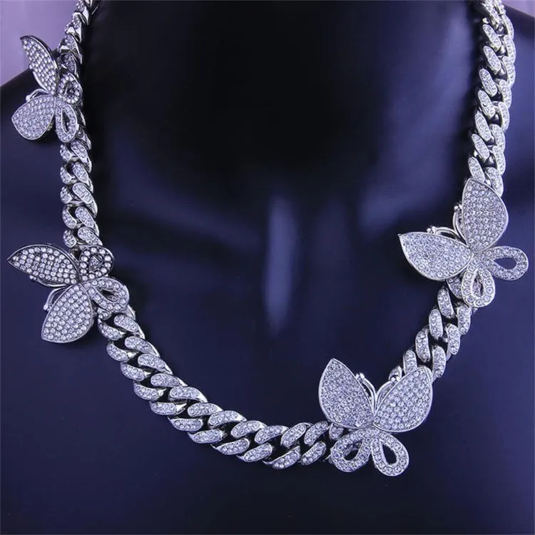 Clavicle Chain Butterfly Cuban link Chain Rhinestone Necklace（OA0021)