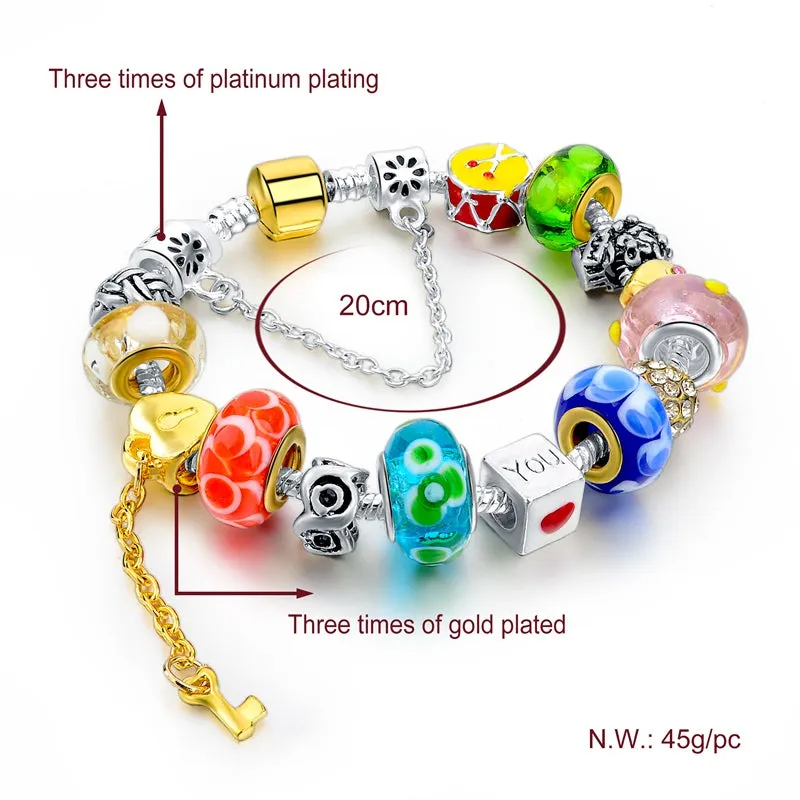 Crystal Flower Multi colored Charm Bracelet Platinum Plated Silver Bracelet, Bangles Jewelry