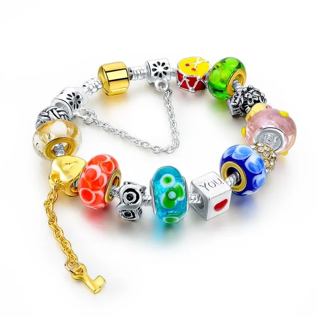 Crystal Flower Multi colored Charm Bracelet Platinum Plated Silver Bracelet, Bangles Jewelry