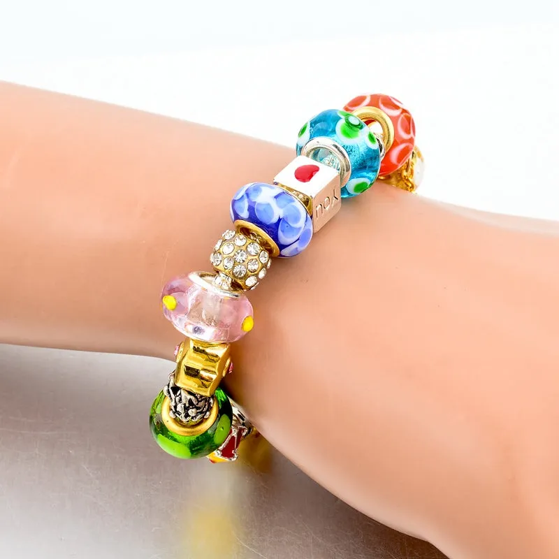 Crystal Flower Multi colored Charm Bracelet Platinum Plated Silver Bracelet, Bangles Jewelry