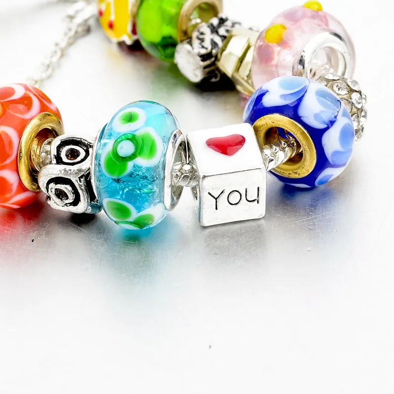 Crystal Flower Multi colored Charm Bracelet Platinum Plated Silver Bracelet, Bangles Jewelry