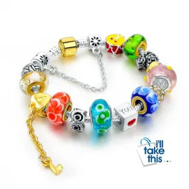 Crystal Flower Multi colored Charm Bracelet Platinum Plated Silver Bracelet, Bangles Jewelry