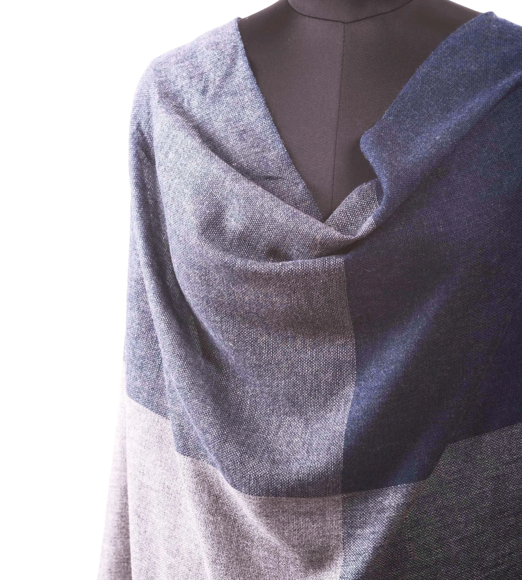 Dark blue and grey fine wool scarf, woven with four square pattern, reversible, gift for women