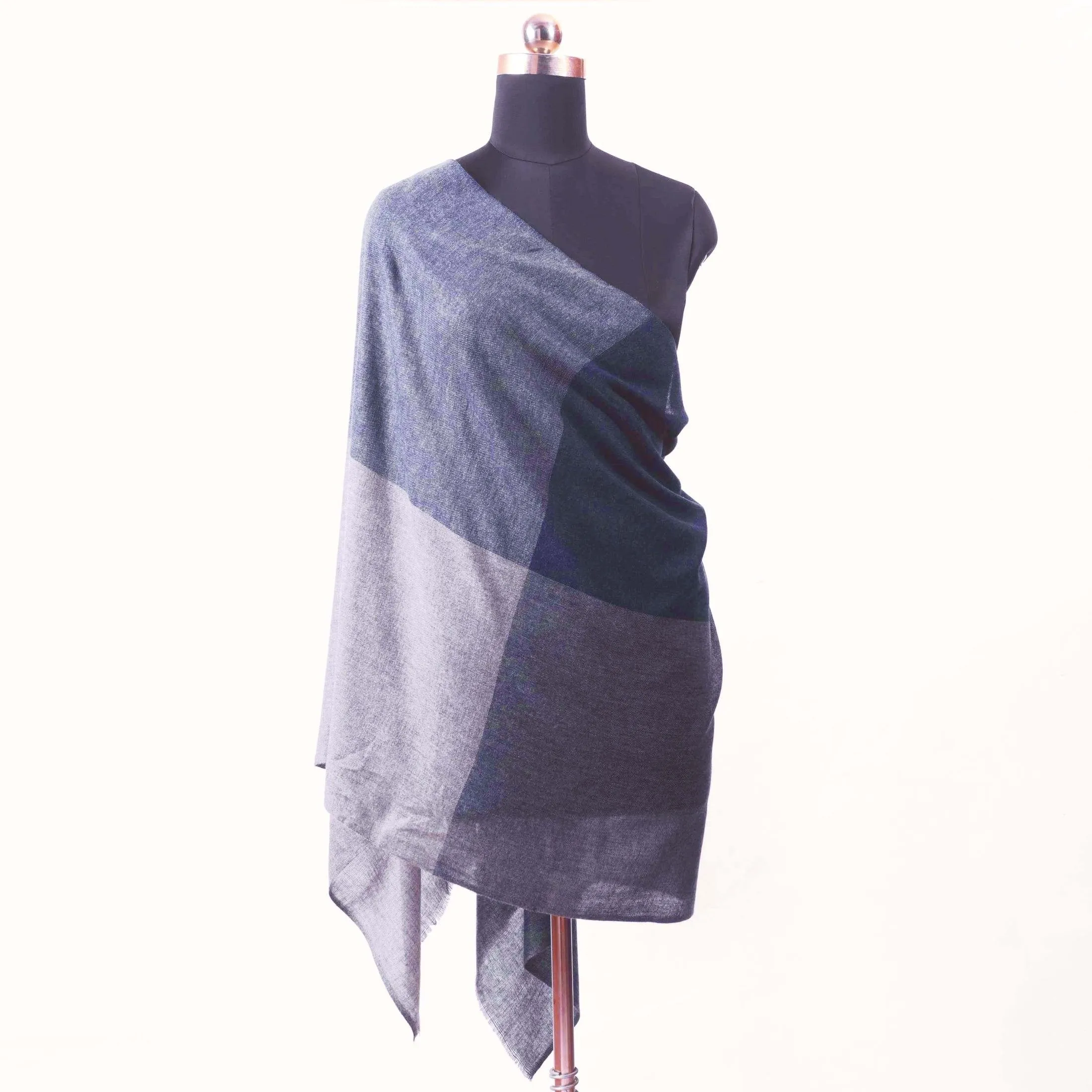 Dark blue and grey fine wool scarf, woven with four square pattern, reversible, gift for women
