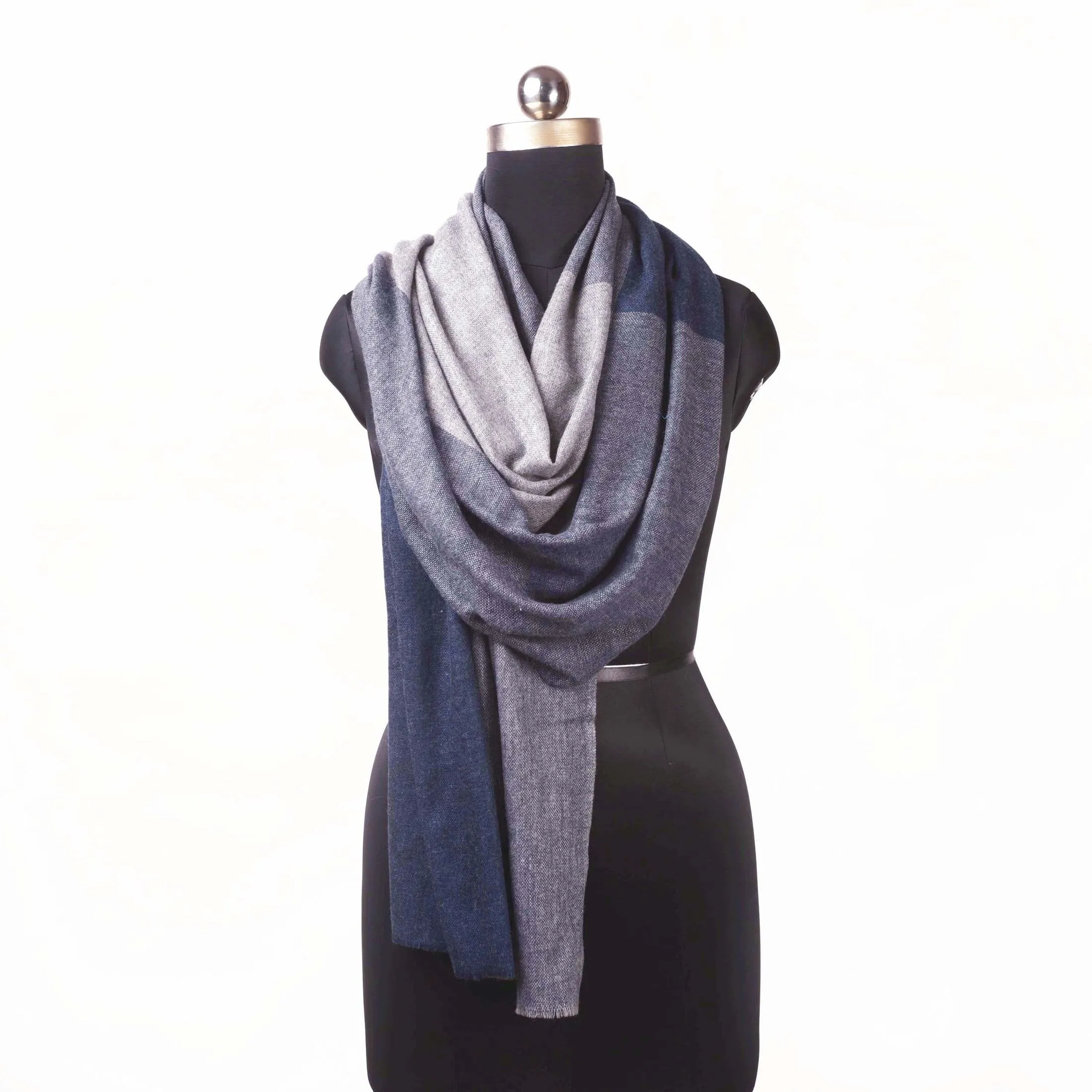 Dark blue and grey fine wool scarf, woven with four square pattern, reversible, gift for women