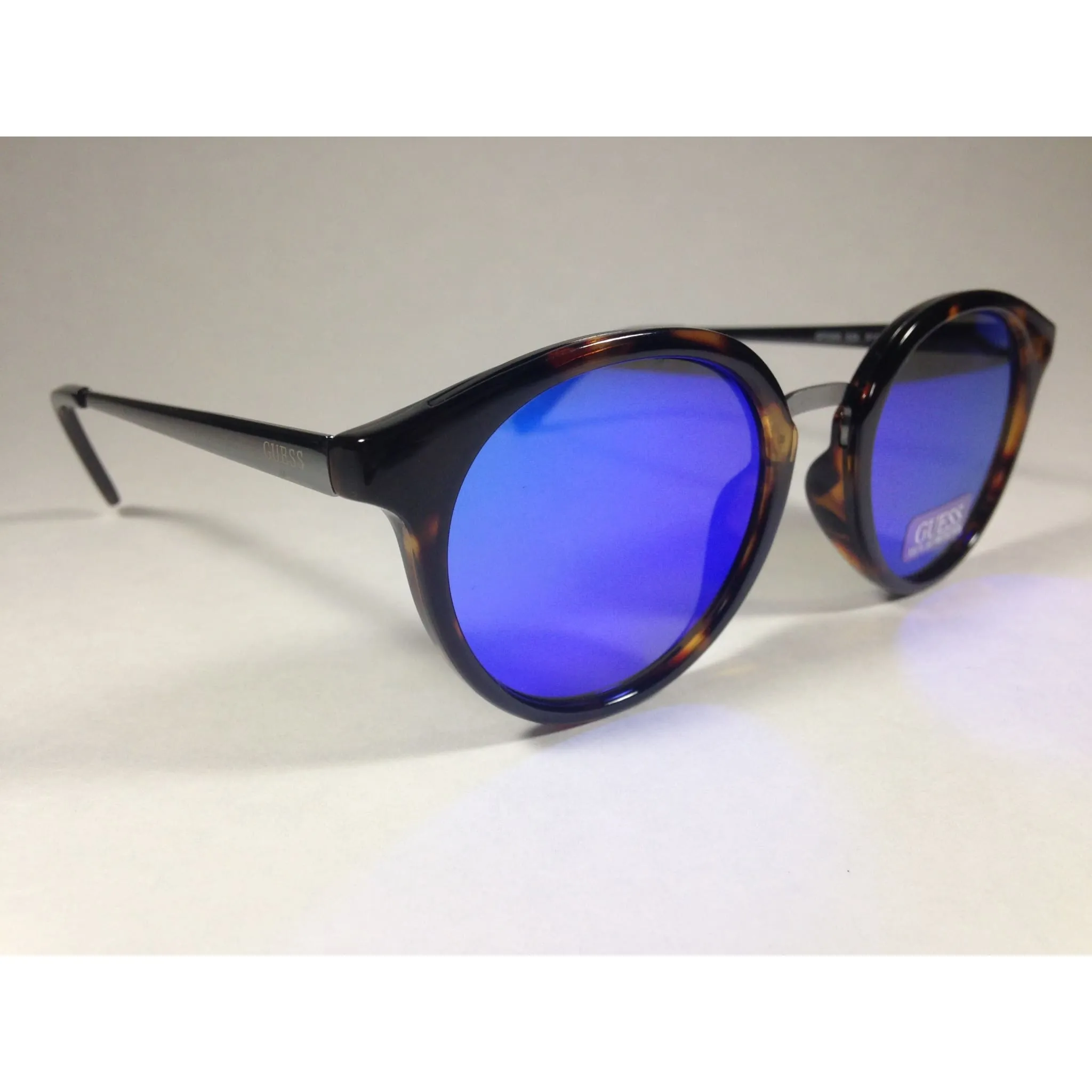 Guess Round Sunglasses GF0305 53X Brown Tortoise and Gunmetal Frame Blue Mirror Lens
