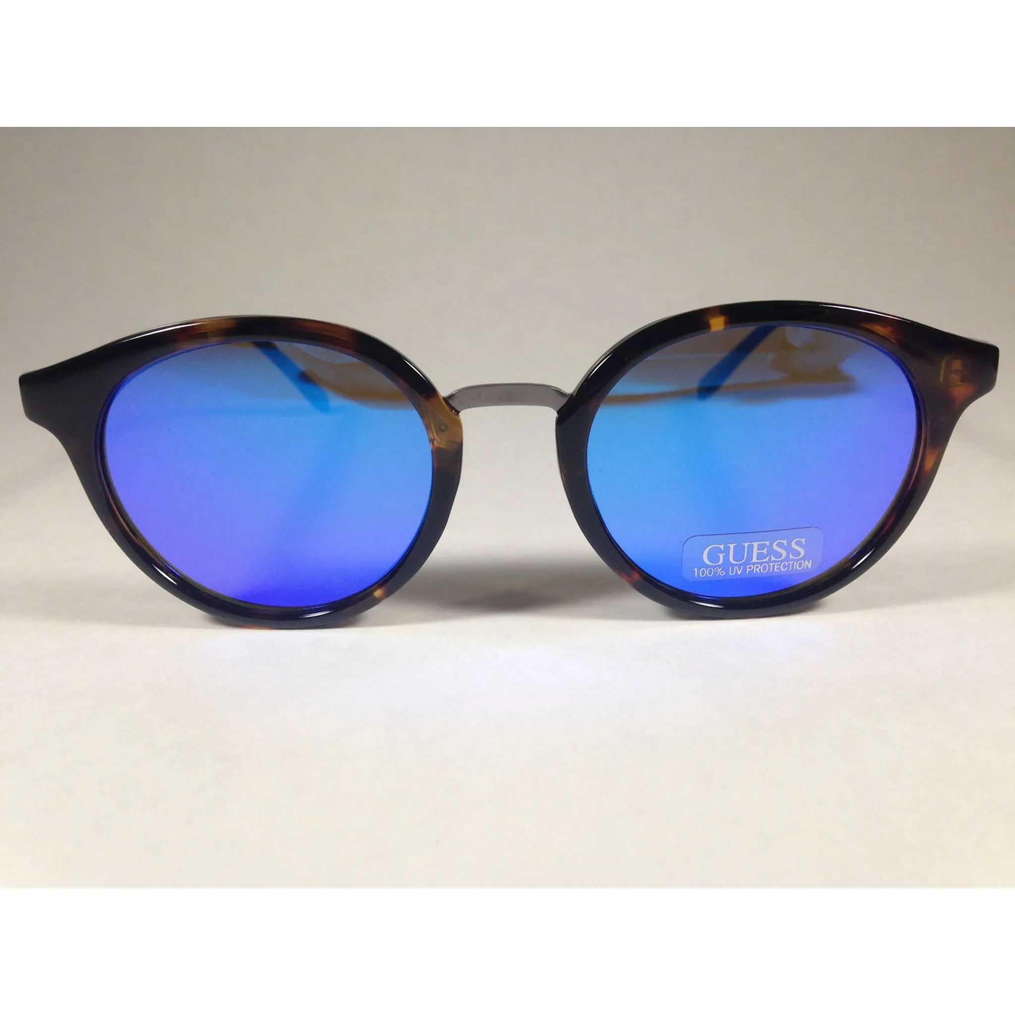 Guess Round Sunglasses GF0305 53X Brown Tortoise and Gunmetal Frame Blue Mirror Lens