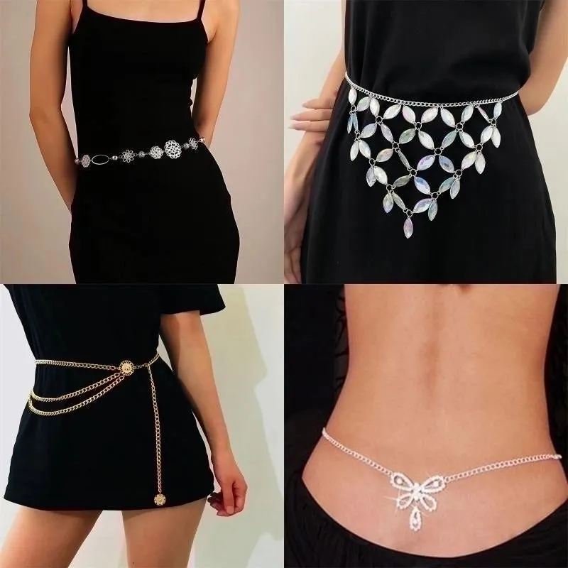 Hawaiian Lady Shiny Heart Shape Flower Stainless Steel Copper Metal Buckle Beaded Chain Zircon Women'S Chain Belts