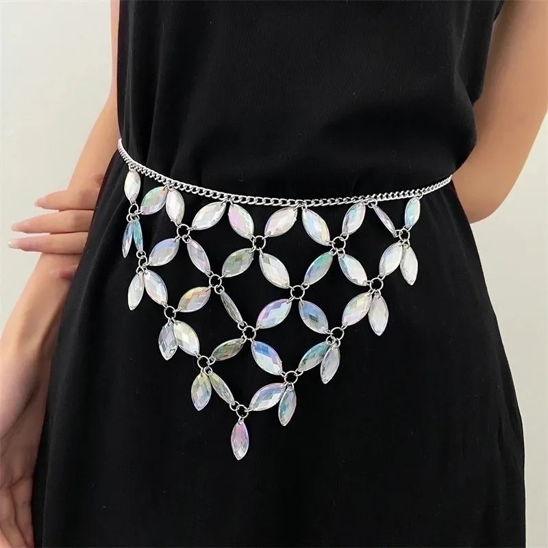 Hawaiian Lady Shiny Heart Shape Flower Stainless Steel Copper Metal Buckle Beaded Chain Zircon Women'S Chain Belts