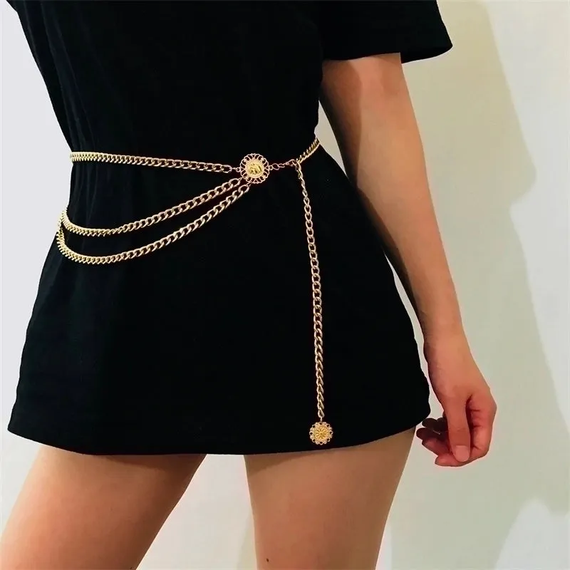 Hawaiian Lady Shiny Heart Shape Flower Stainless Steel Copper Metal Buckle Beaded Chain Zircon Women'S Chain Belts
