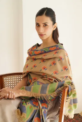 Kani Amina Buti Hand Woven Large Pashmina Shawl Natural Taupe