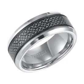 KENYON Beveled Tungsten Carbide Ring with Offset Grooves and Contemporary Laser Engraved Pattern on Black Tungsten Center  by Triton Rings - 9 mm