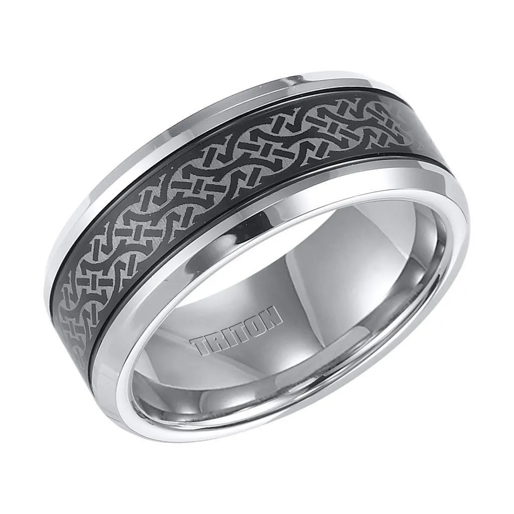 KENYON Beveled Tungsten Carbide Ring with Offset Grooves and Contemporary Laser Engraved Pattern on Black Tungsten Center  by Triton Rings - 9 mm