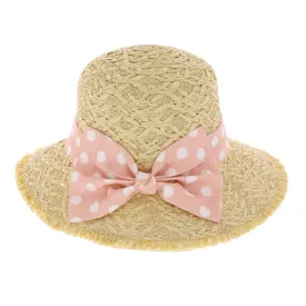 Ladies Summer Straw Sun Hat with Pink Polka Dot Bow Ribbon
