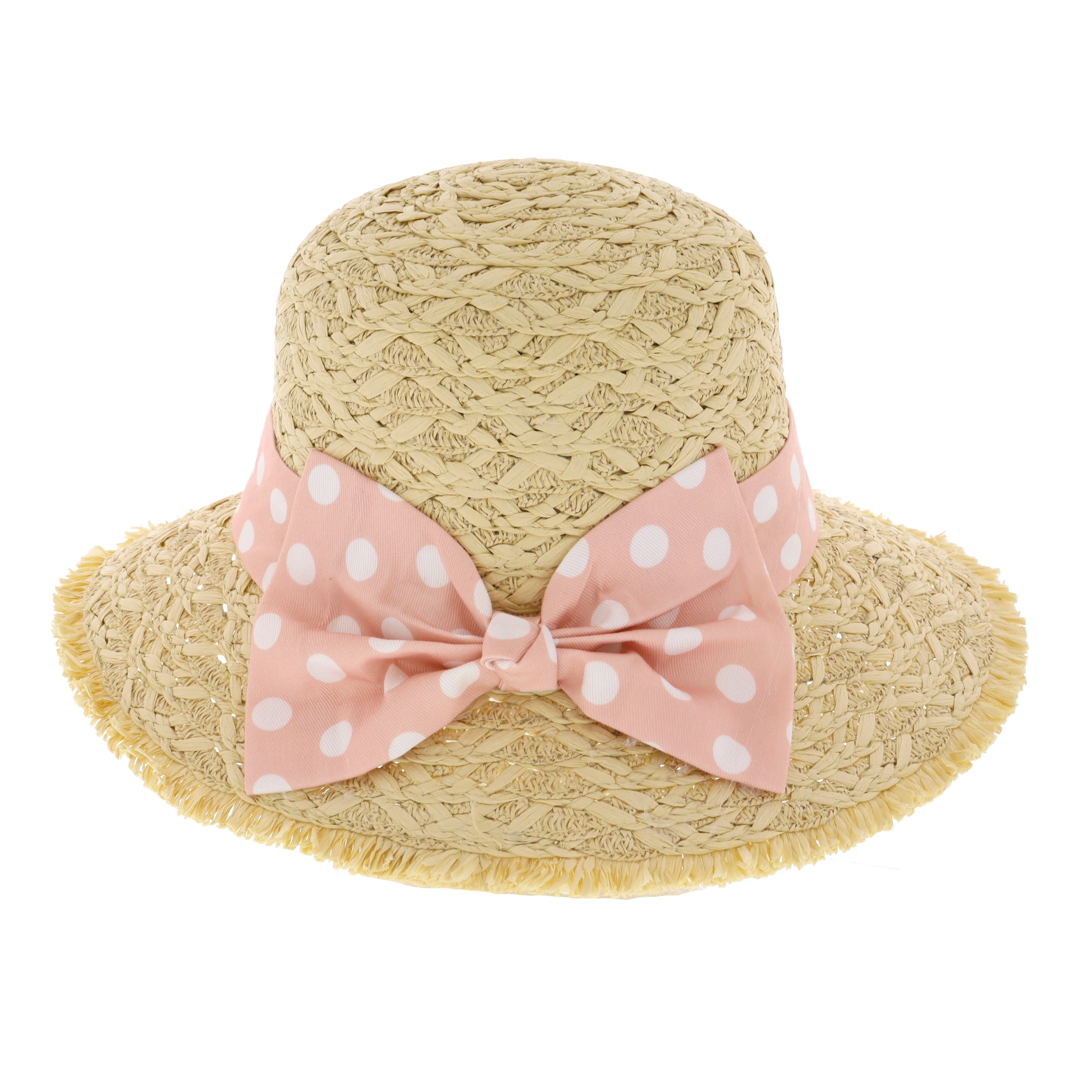 Ladies Summer Straw Sun Hat with Pink Polka Dot Bow Ribbon
