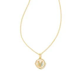 Letter V Gold Plated Disc Reversible Necklace in Iridescent Abalone by Kendra Scott