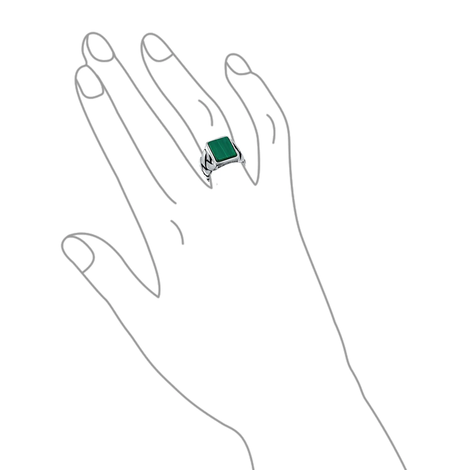 Mens Silver Ring Braided Cable Wheat Chain Band with Green Malachite Gemstone