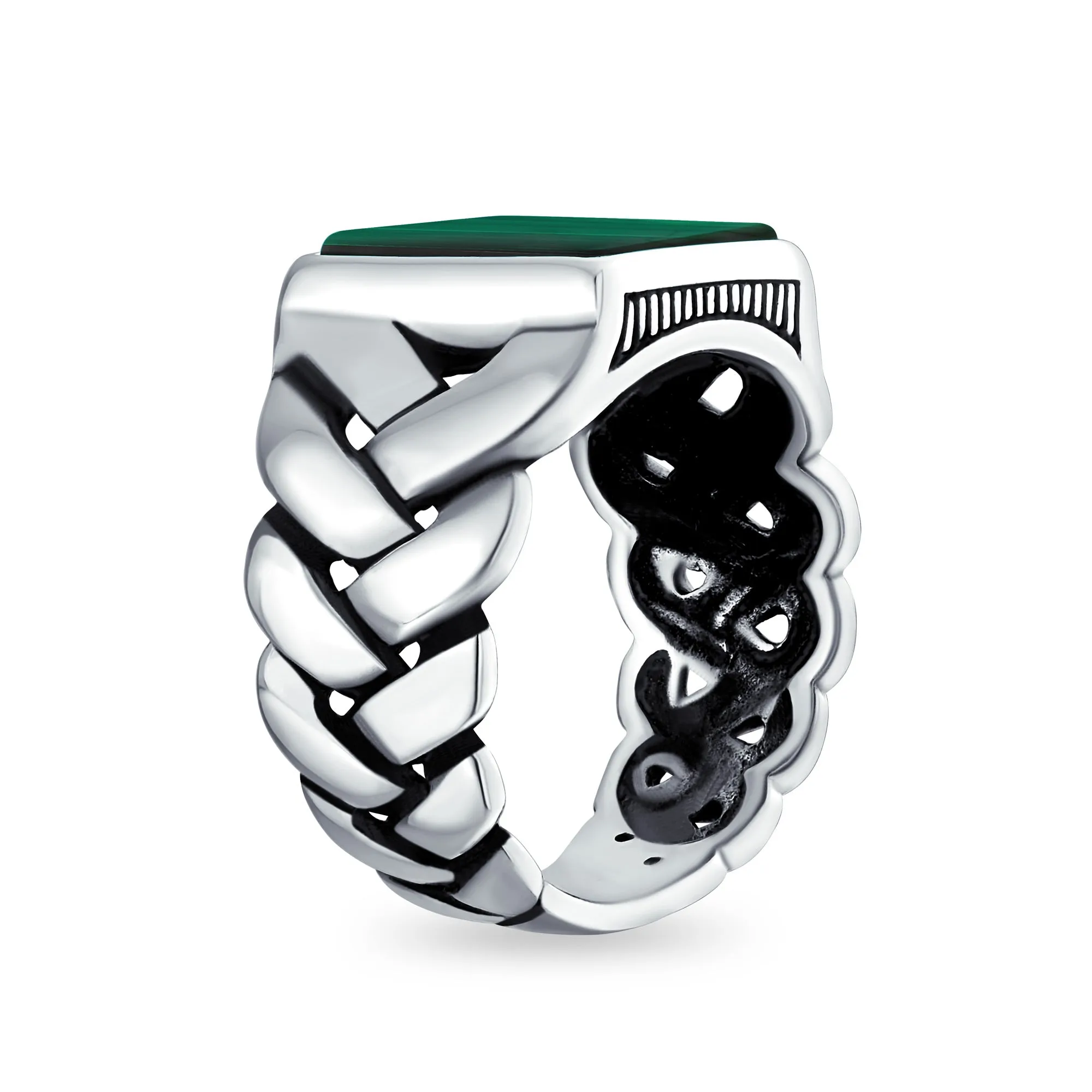 Mens Silver Ring Braided Cable Wheat Chain Band with Green Malachite Gemstone