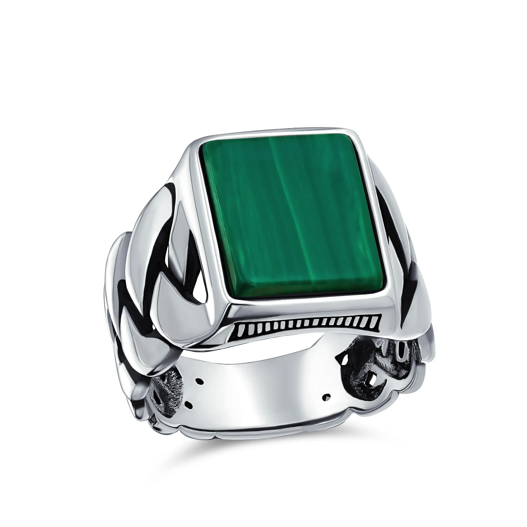 Mens Silver Ring Braided Cable Wheat Chain Band with Green Malachite Gemstone