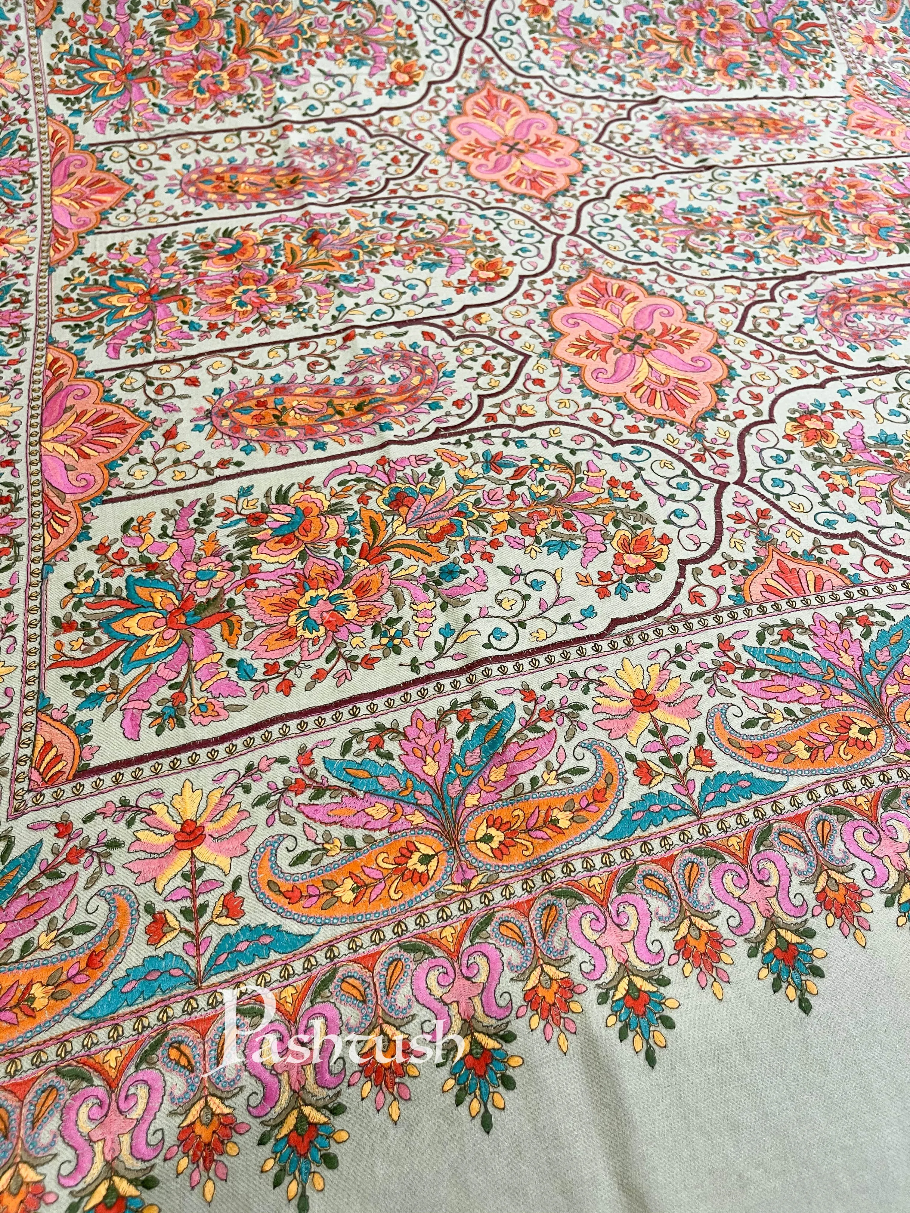 Pashtush Womens Papier-MâChé Embroidered Shawl, Fine Wool With Silky Embroidery.